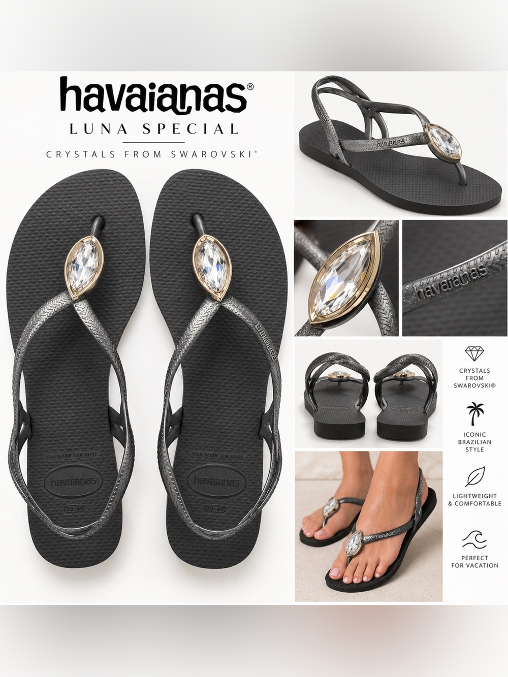 NWT Havaianas Luna Special Swarovski Crystal Sandals 39/40 - DISCONTINUED